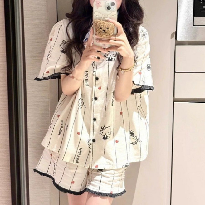 여성 헬로키티 홈웨어 반팔 파자마 프릴 잠옷세트