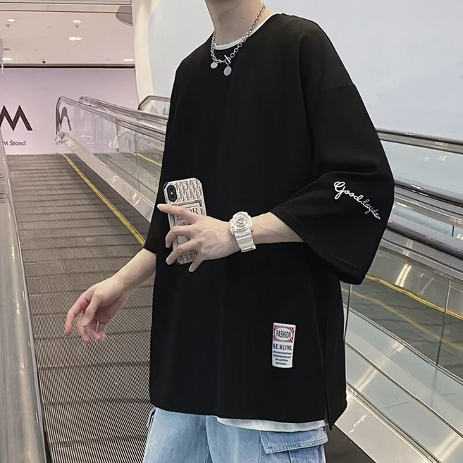七分袖T恤男【M-5XL】韓版日系短袖上衣夏季新款t恤男女 半袖 五分袖 學院風短袖t恤 男生短袖 印花t恤 情侶t恤