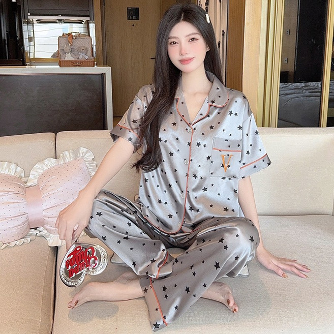法式冰絲睡衣女士短袖長褲家居服