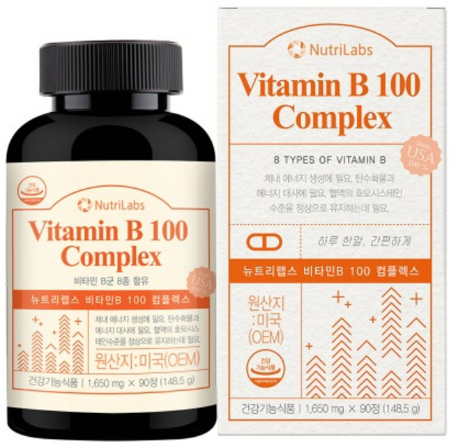 뉴트리랩스 비타민B 100 컴플렉스 1650mg 활력 보충 피로 회복, 90정, 3개