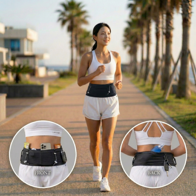 킨핏런 러닝벨트 허리밴드형 밀착핏 4포켓 핸드폰 수납 흔들림없는 러닝가방, 1개, 블랙