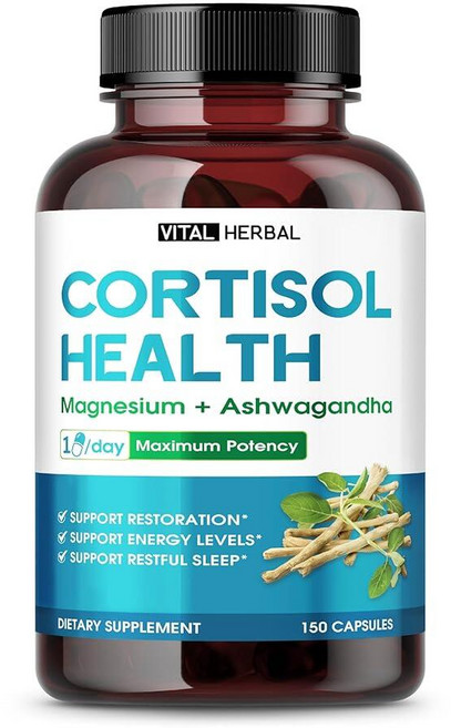 VITAL HERBAL 코르티솔 건강 보충제 - 리포솜 마그네슘 Ashwagandha L-테아닌 세인트 존스 워트 함유 - 최대 효능 - 회복 강도 지원, VITAL HERBAL 코티솔 건강 보충제 - 리포솜, 1개, 150정