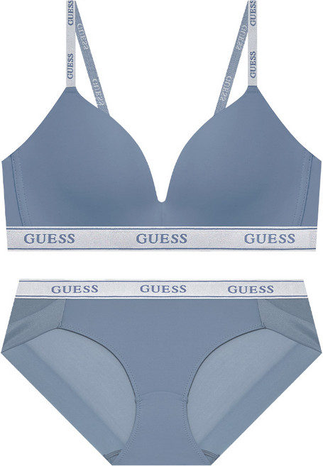 게스언더웨어 톤온톤 실버밴딩 노와이어 브라 팬티 세트 - 그레이블루
