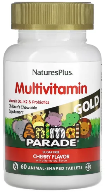 NaturesPlus Source of Life Animal Parade 골드 어린이용 츄어블 종합비타민 & 미네랄 보충제 체리 동물 모양 정제 60정, 1개 - 쿠팡