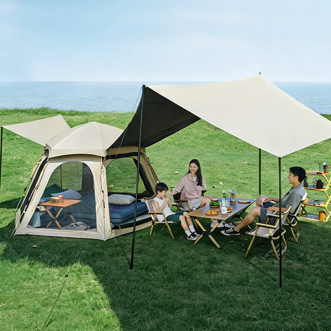COUCAMP 자동 원터치 텐트 5-6인용 + 타프, 287CM*234CM*155CM, 5-8명, 아이보리+타프