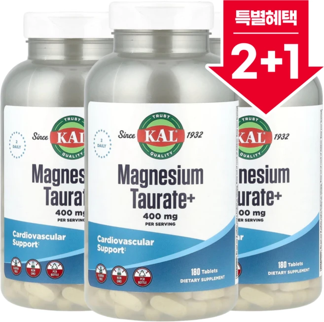 [2+1] KAL 마그네슘 타우레이트+ 400mg 바이오페린 비타민B6 180정 / 해외직구 미국정품, 3개 - 쿠팡