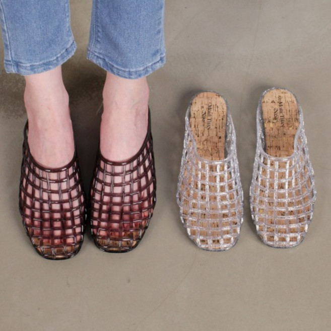 여름 시원한 통풍 여성 투명 네트 젤리 뮬 플랫 슬리퍼