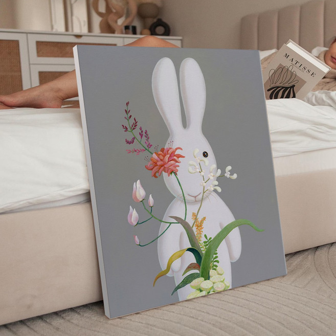 풍수 행운 행복토끼 2 일러스트 토끼그림 카페 아이방 인테리어 캔버스 그림액자 23종 1-11 집들이선물 아가방 데코 동림, 11.꽃을든토끼