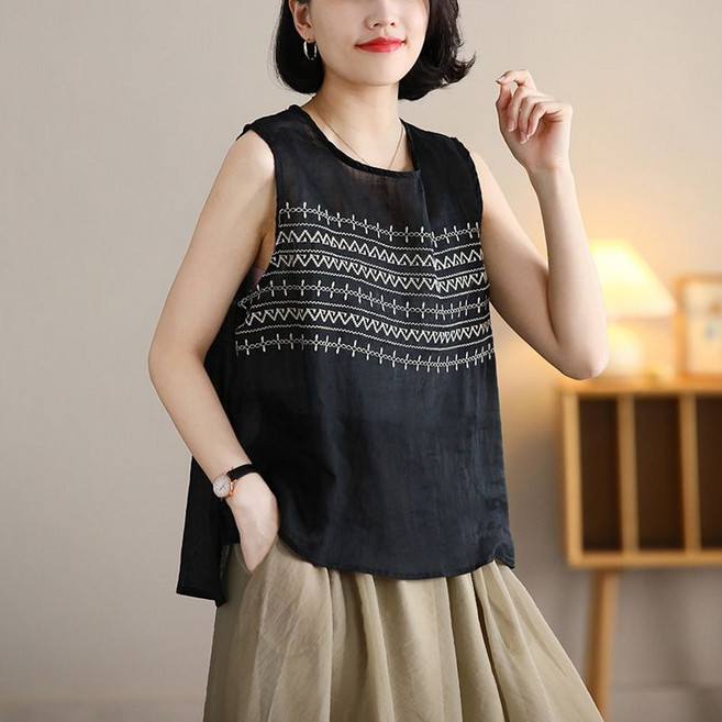 Makone 여성 린넨 나시 블라우스 탑 루즈핏 라운드넥 자수 캐미솔 심플 민소매 티셔츠