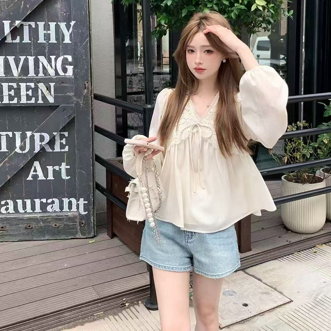 COSYEVNO 여자 춘하 레이스 블라우스 루즈핏 셔링 긴팔 쉬폰 셔츠 TZKxfs-1