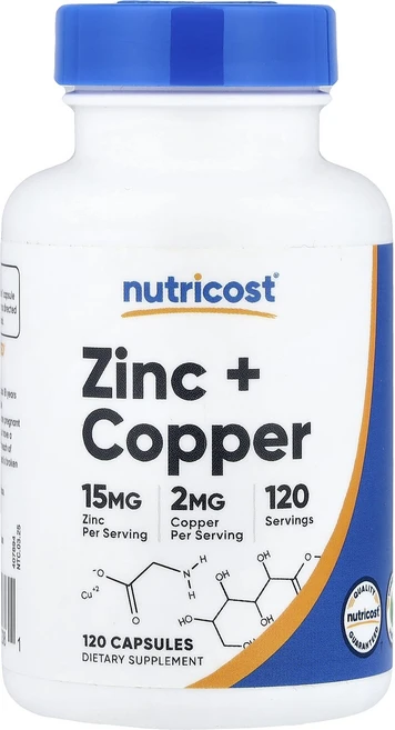 단백질 비타민 철분 마그내슘 칼슘 Nutricost 아연 + 구리 캡슐 120정 고루고루섭취해주세요, Nutricost 아연  구리 캡슐 120정 - 쿠팡
