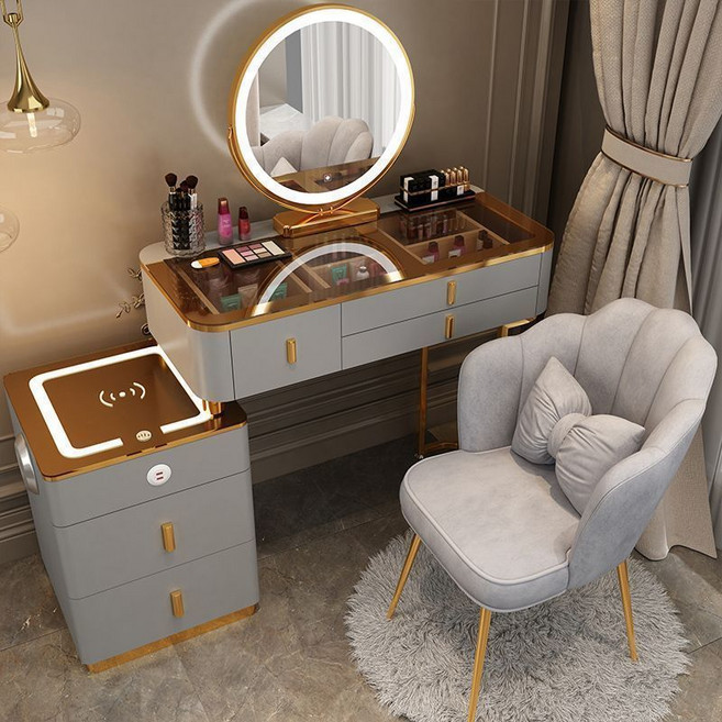床邊櫃 化妝台 梳妝台 臥室收納櫃, 1個, 灰金桌+床頭櫃+三檔鏡+花瓣椅,120CM送地毯24h兩日到府專車直送