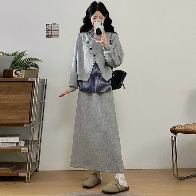 COSYEVNO 여성 트레이닝 스커트 세트 캐주얼 패션 루즈핏 맨투맨+롱치마 투피스