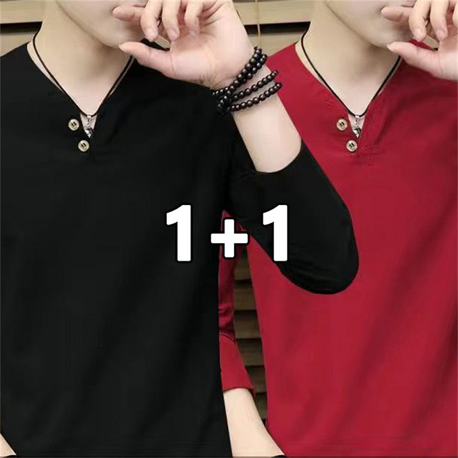 AOKADA 1+1 남성 브이넥 긴팔 티셔츠 봄 가을 이너티 롱슬리브 면티 긴팔티