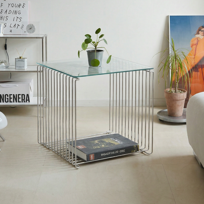 (강화유리포함) 나인홈 큐브형 와이어 사이드 테이블 철제 사각 수납 선반 2colors, 크롬