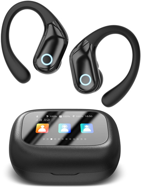 TRYSEEK 무선 블루투스 이어폰 귀걸이형 터치스크린 LCD 디스플레이 ANC 노이즈캔슬링, 블랙, TP01