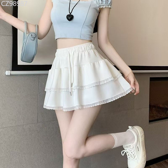 灰色運動甜美半身裙 蛋糕裙 夏季新款 鬆緊腰 高腰 休閒 防走光 短裙