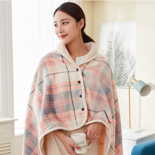 다로엘 극세사 망토 똑딱이 무릎 담요 블랭킷, 1개, 블러쉬 핑크 체크