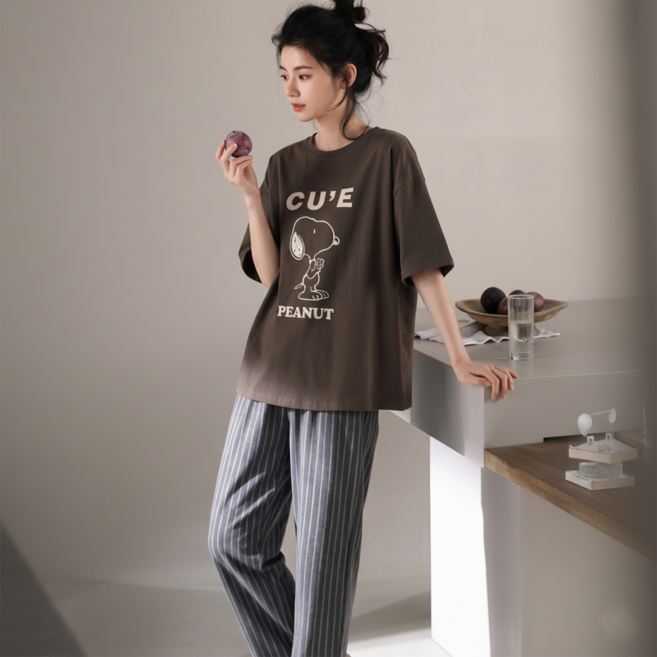 WAIJER 여성 여름 잠옷세트 심플 데일리 홈웨어 반팔 긴바지 상하세트 외출가능