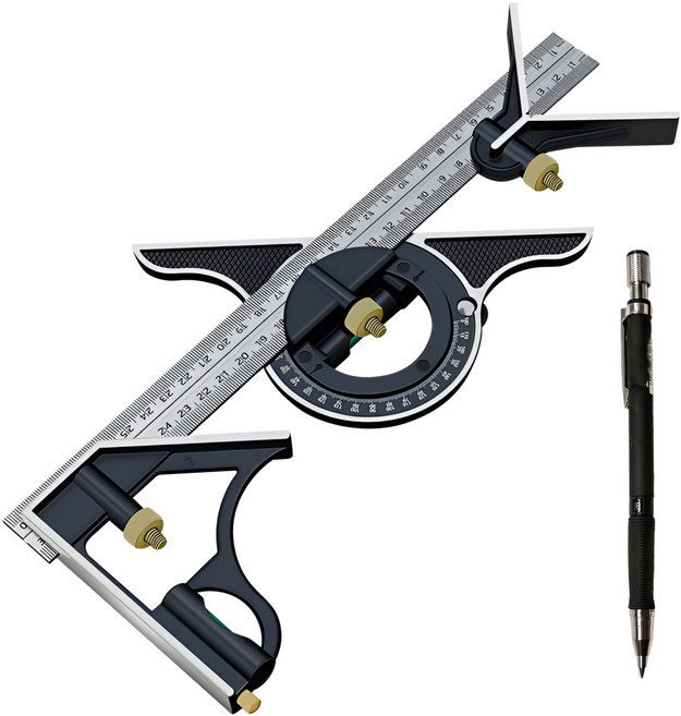 툴레보 다기능 콤비네이션 스퀘어 수평자 철자 각도자 목공자 측정자 300mm + 2mm 홀더팬, 1개