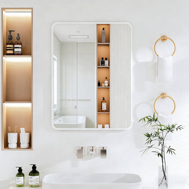 뷰티피크 라운드형 벽거울 화장대거울 욕실거울 강화안전유리, 화이트45cm