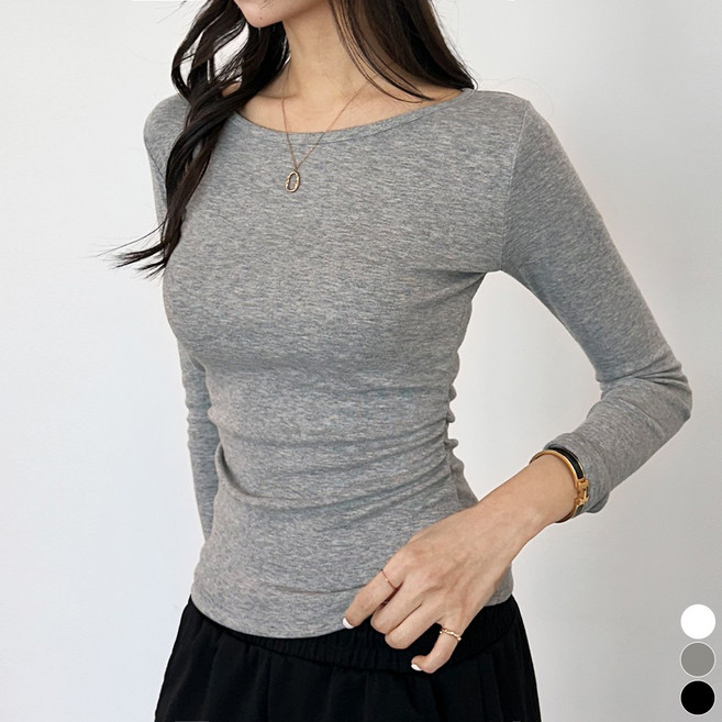 끌로이 여성 긴팔 셔링 티셔츠 옆 셔링 스판 국내제작 골지 슬림 입술넥 여리핏 티셔츠