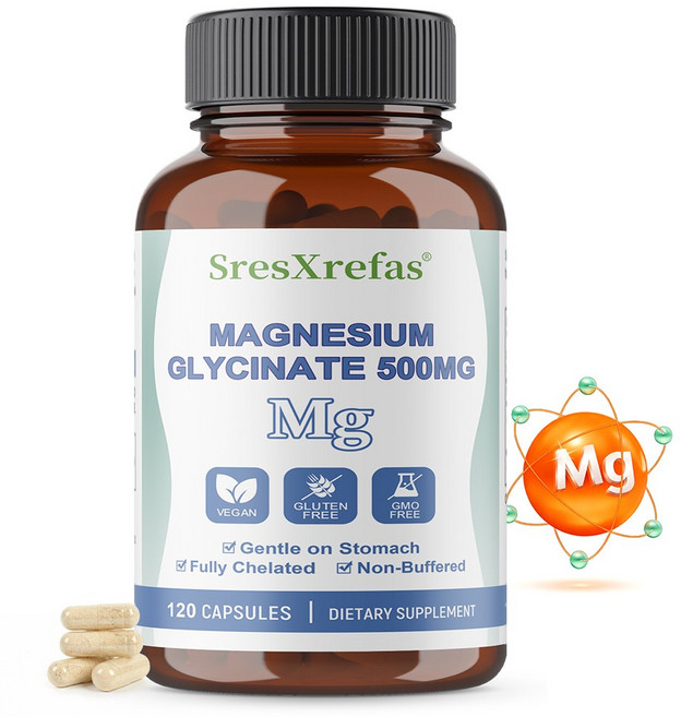 천연 마그네슘글리시네이트 500mg 캡슐 보충제 - 수면과 이완에 도움 - 비건 킬레이트 마그네슘 포뮬라 순한 위 보호, 2개, 60정