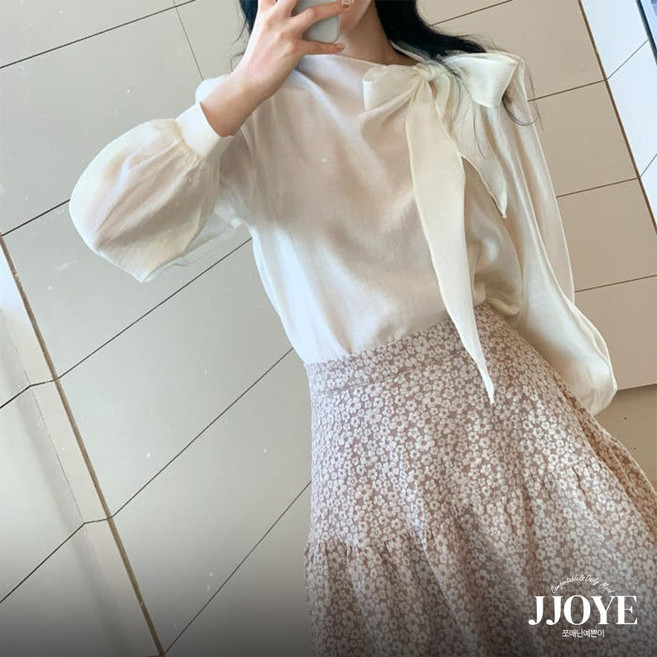 쪼예 하객룩 쉬폰 리본 타이 퍼프 긴팔 블라우스