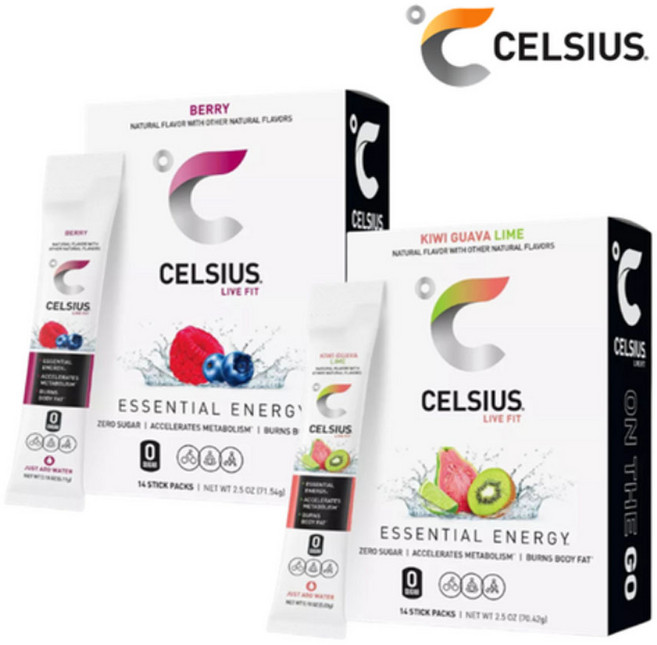 [CELSIUS] [1+1] 셀시어스 히트 워터 제로슈가 베리 맛 14개입 + 키위 구아바 라임 맛 14개입 운동 보조 에너지 드링크 분말 파우더 Energy Drink Mix, 5.11g, 28개
