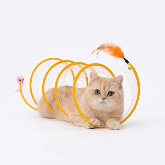 고양이 바스락 터널 놀이터 사냥 놀이 장난감 쥐돌이 깃털 접이식 캣터널, 1개, 핑크색