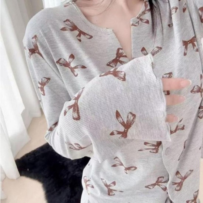 [라일리여성의류] Rly 여성 러블리 라운드 모카무스 리본 홈웨어 파자마