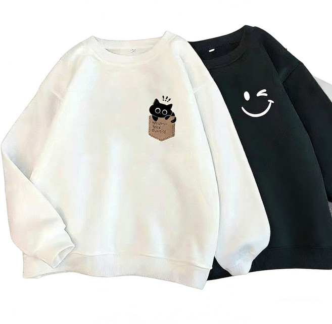 1+1 남성 라운드넥 맨투맨 가을 겨울 루즈핏 기모 도톰 긴팔티 남여공용 트렌드 상의 캐주얼 티셔츠 SJS