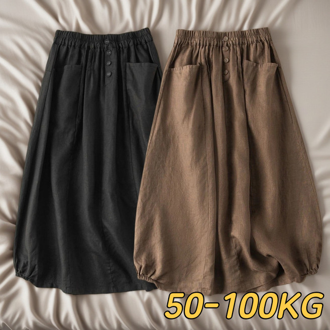 중년여성 루즈핏 린넨 미디 스커트 봄여름 빈티지 허리 밴딩 롱 치마 엄마의류 빅사이즈 50대60대