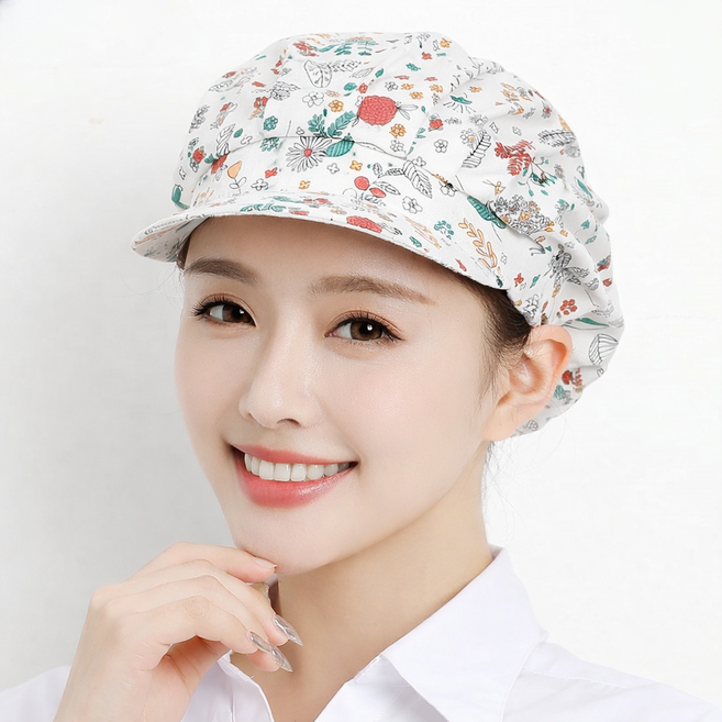 YIEUN 여성용 주방모자 두건 조리 알바 조리모 주방캡 꽃무늬 위생모자, 무지개꽃, 1개