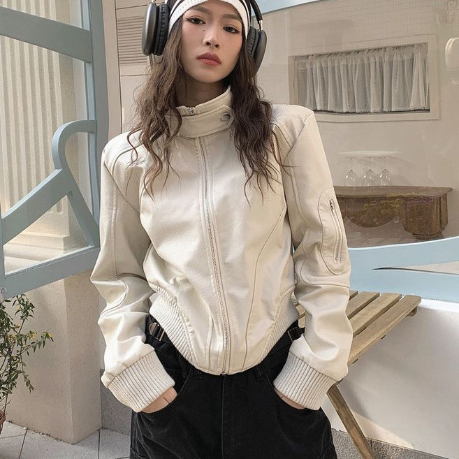 빈티지 여자 레더 자켓 캐주얼 패치워크 숏 가죽 라이더 재킷 빅사이즈 봄 가을 여성 가죽 점퍼 LZH