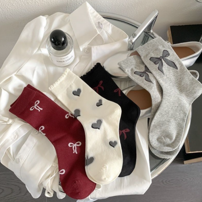 럽니드삭스 4켤레 여성용 캐주얼 리본 중목 양말