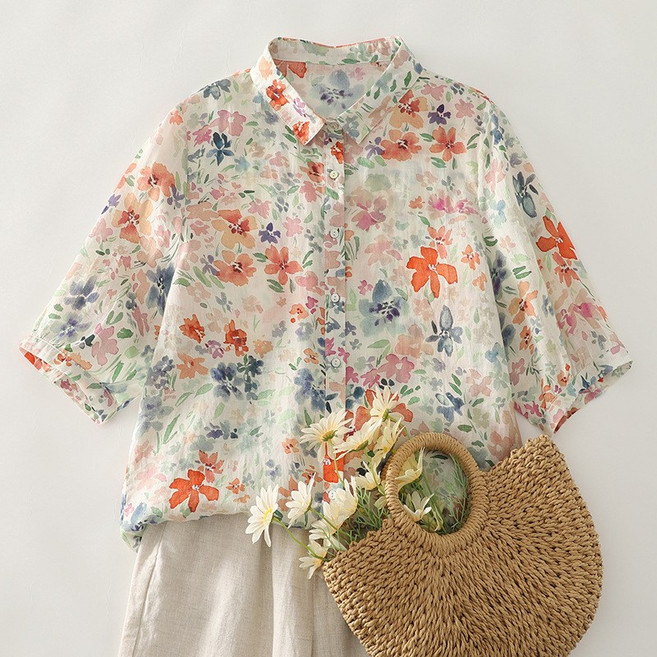 ZAJA 여성 린넨 셔츠 여름 루즈핏 플라워 반팔 베이직룩