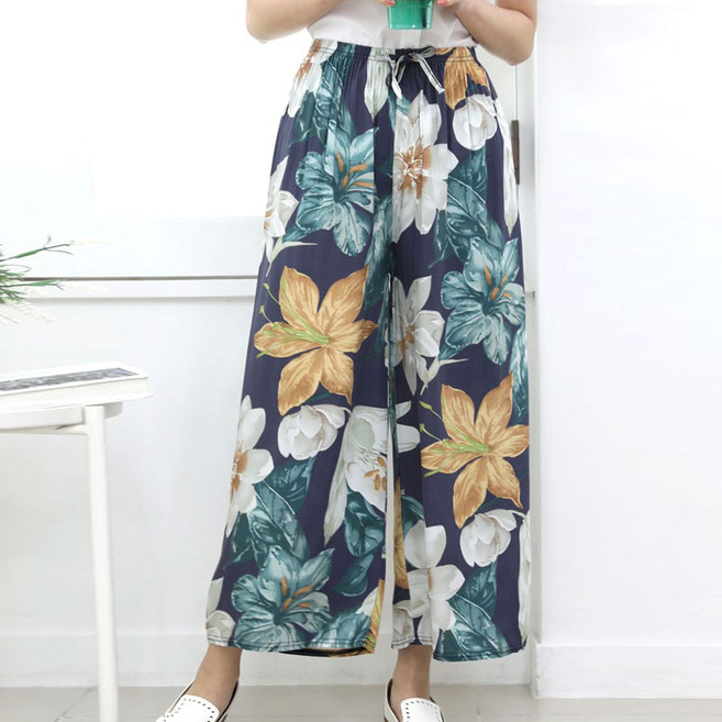 여성용 꽃무늬 와이드 레그 팬츠 플라워 캐주얼 루즈 여름바지 잠옷 이지웨어 홈웨어