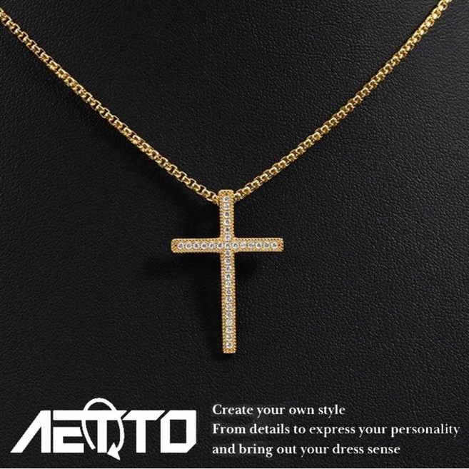 AETTO 金色滿鑽十字架項鍊 嘻哈風格 男女皆宜
