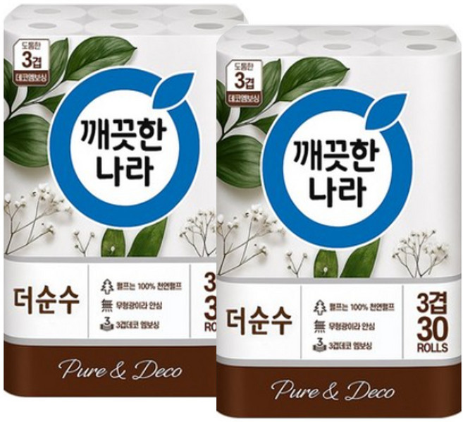 깨끗한나라 더순수 3겹 25m 천연펄프 물에 잘 녹는 휴지 무형광, 30롤, 2개