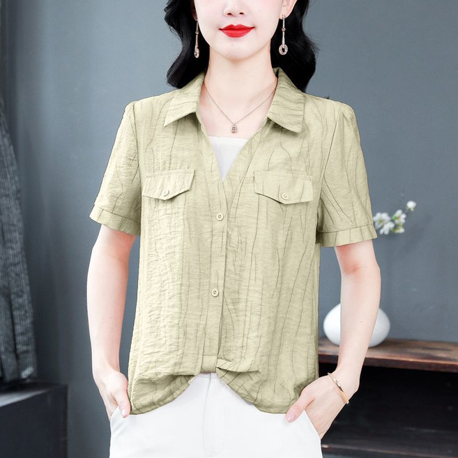 COSYEVNO 페이크 레이어드 셔츠 반팔 면마 중장년 엄마옷 루즈핏 캐주얼 상의