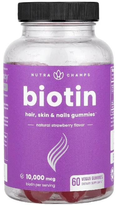 NutraChamps 비오틴 구미젤리 천연 딸기 맛 10 000mcg 비건 구미젤리 60개(구미젤리 1개당 5 000mcg) NutraChamps (뉴트라챔프스), NutraChamps, 비오틴 구미젤리, 천연 딸기 맛, 1개 - 쿠팡
