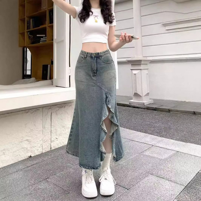 DFMEI 港風復古中長款牛仔半身裙女春夏小個子不規則波浪開叉高腰魚尾裙