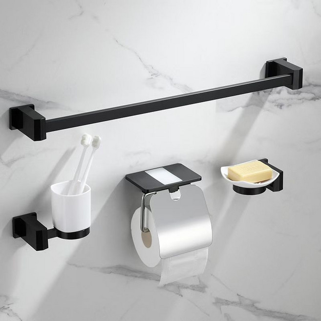 모던 심플 욕실 실속형 악세사리 4종 세트, 유광블랙, 1세트