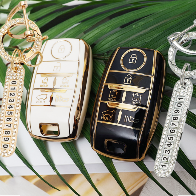 아야 기아 올뉴카니발 더뉴카니발 호환 6버튼 TPU 키케이스 키홀더+ 번호판 큐빅 키링 세트, (화이트골드) 6버튼 A4타입 (TA-53), (골드) 큐빅 넘버키링