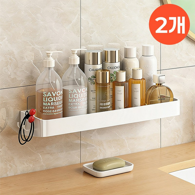 DaeBak+ 무타공 접착식 다용도 주방 욕실 선반 2개 40cm, 화이트