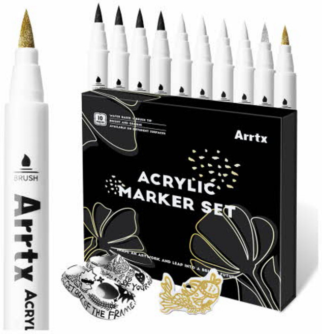 아트엑스 아크릴 마카펜 세트 4색 총 10개(화이트 4개 블랙 4개 골드1개 실버 1개) 브러시형 생활방수 전문가용, 1세트