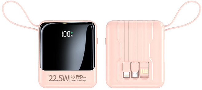 RYZO 고속 대용량 보조배터리 20000mAh 고속충전 PD 22.5W 초소형 미러링 4in1 내장선 + 대형 LCD 잔량표시 대용량 보조배터리, 핑크색