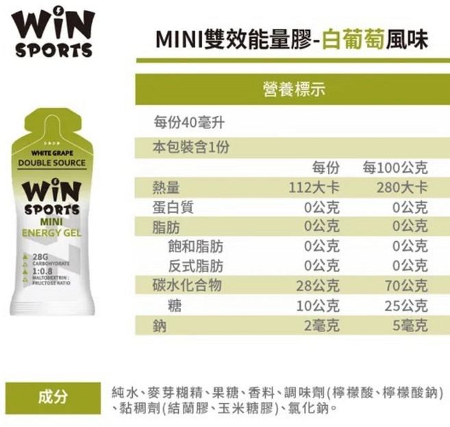 WiNSPORTS 雙效能量膠果膠 mini, 1個, 白葡萄40 ml【2027.01】