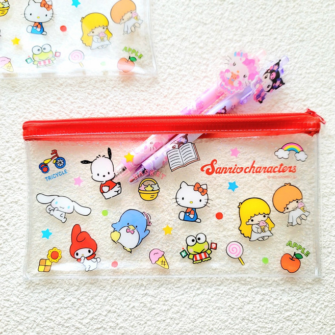 산리오 친구들 PVC 글리터 파우치 필통 화장품 가방 소품 정리, 1개, 레드